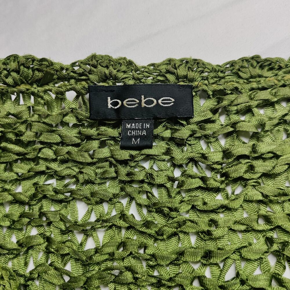 Vintage Bebe Y2K Kelly Green Woven Ribbon Stretch Knit Button Front Top Medium - Picture 6 of 10